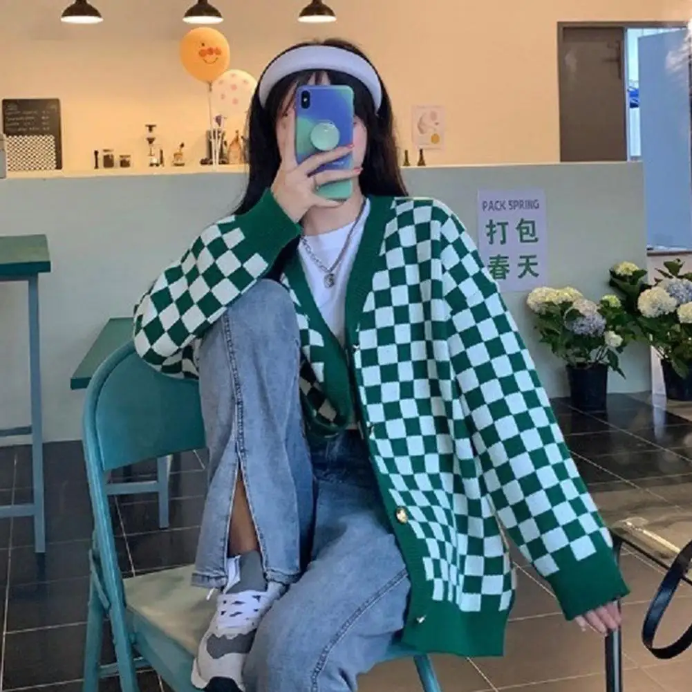 

Ladies Cardigans Long Sleeve Sweater Knitted Argyle Women V-neck green Vest Sweaters Female Jumpers Cardigan Jacket with Buttons