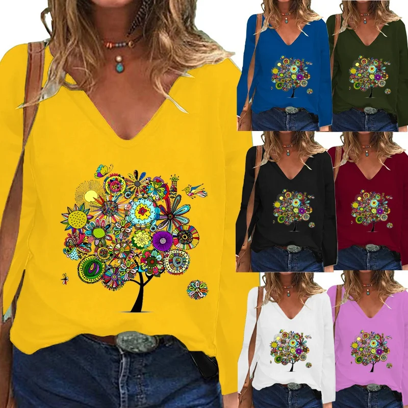 

Plus Size Women's V-neck Long Sleeve T-Shirts Floral Printed Shirt Ladies Casual Loose Tops Solid Color Blouse XS-5XL