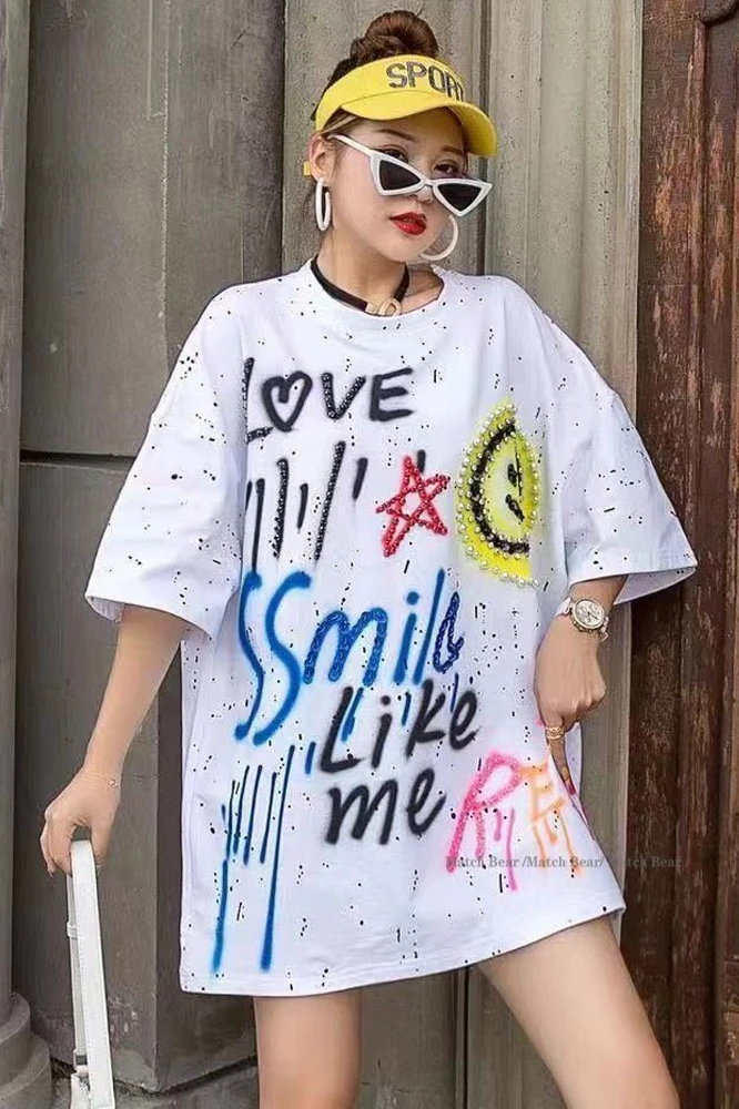

QING MO 2021 Summer New Women Letters Graffiti T Shirt Women Sequin T Shirt Female Summer Short Sleeve T Shirt ZQY7078
