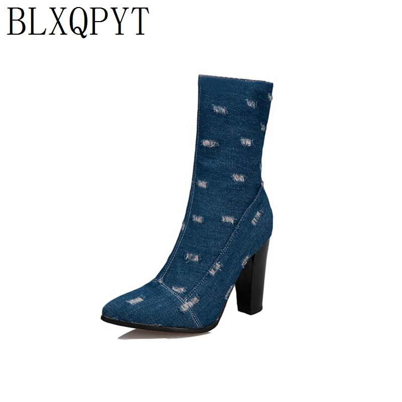 

BLXQPYT Winter Autumn Ankle Boots Women Denim Pointed Toe zip High Heels 10cm Sexy Pumps Party Wedding Shoes Size 33-50 T617