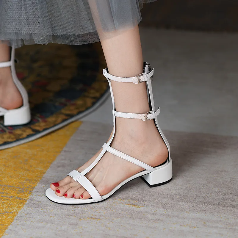 

MoonMeek 2021 Genuine Leather Sandals Women Med Heels Round Toe Fashion Women Sandals Summer Black White Color Casual Shoes