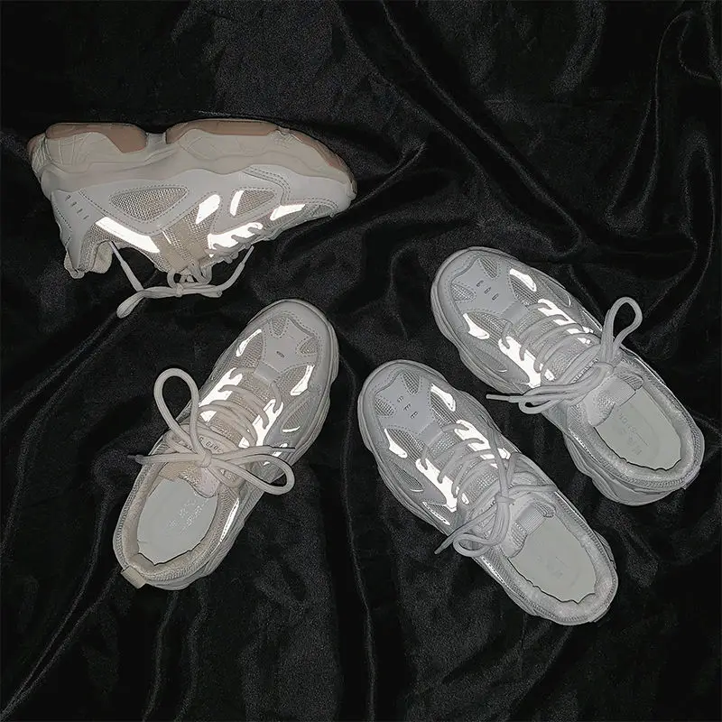 

Women Sneakers Fashion Mesh Chunky Sneakers Casual Shoes Autumn Reflective Comfortable Thick Sole White Dad Flats Platform Shoes