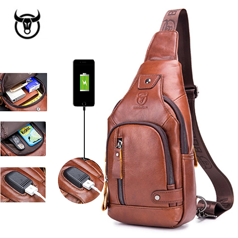 Мужская сумка через плечо кожаная мужская нагрудная с USB зарядкой 2 вида цветов