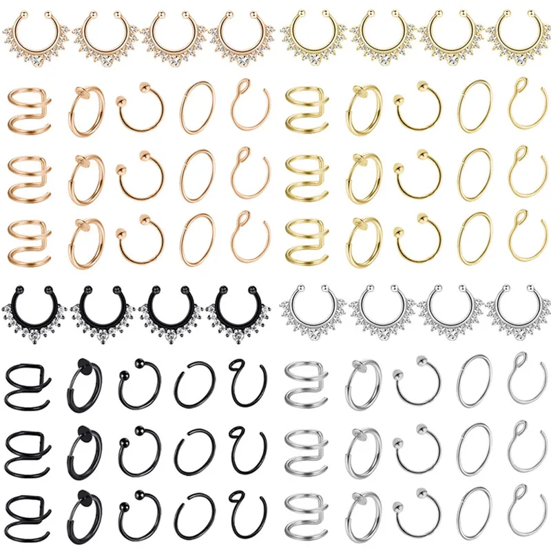 Stainless Steel Crystal Fake Nose Piercing Septum Ring Set Non Piercing Labret Lip Ring Lot Faux Nose Ring Hoop Set Helix Earing