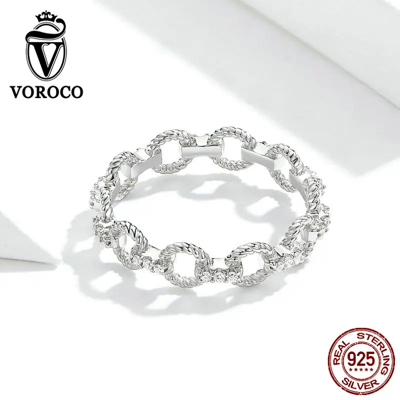 Voroco настоящий 925 пробы Серебряное кольцо геометрический простой дизайн цепи палец кольца для женщин унисекс хорошее ювелирное изделие BKR576