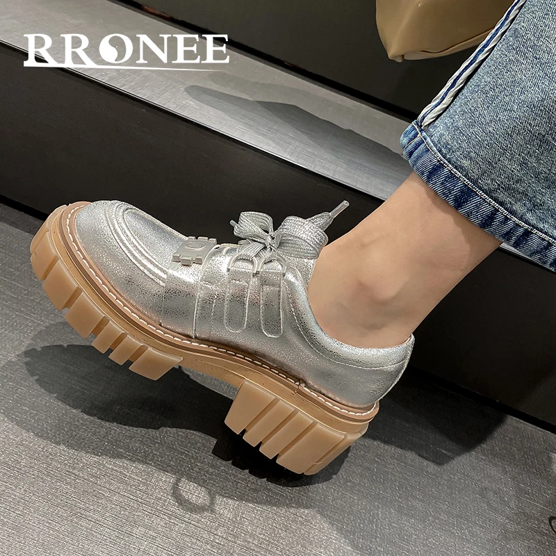 

RRONEE [воловья кожа] 2021 новые толстые на шнуровке Золотые лоферы женские на толстом каблуке платформе с круглым носком Серебристые туфли
