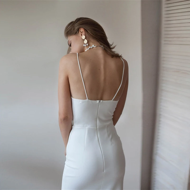 

Sexy Backless White Party Dress For Women Spaghetti Strap High Split Slim Sheath 2021 New Spring