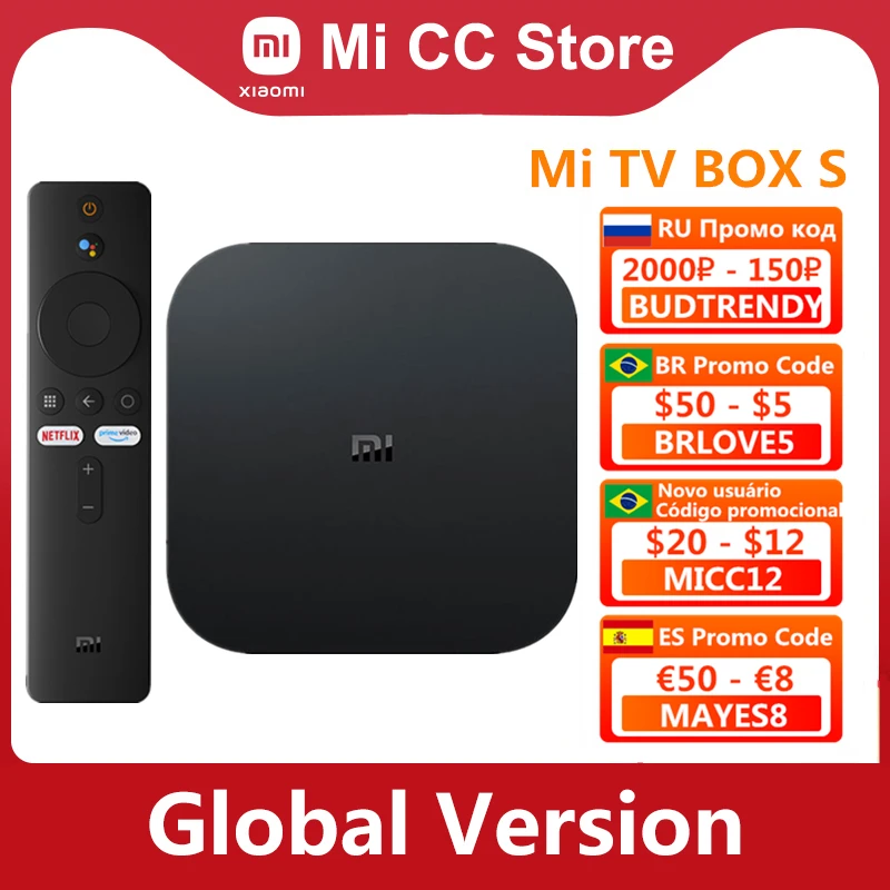  Глобальная версия Xiaomi Mi TV Box S 4K со сверхвысоким разрешением Ultra HD, приставка Android TV 9,0 HDR 2 ГБ 8 ГБ Wi Fi Google Cast Netflix Smart Mi Box S Media Player 