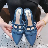 2022 brand designer womens slippers slip on mules wedge heels casual shoes british rivets slides pointed toe heel summer sandals