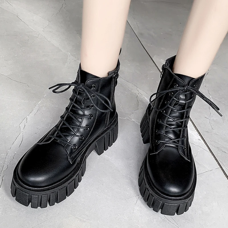 

Rimocy White Pu Leather Chunky Platform Boots Women Casual Lace Up Thick Heel Ankle Boots Woman Side Zipper Motorcycle Shoes