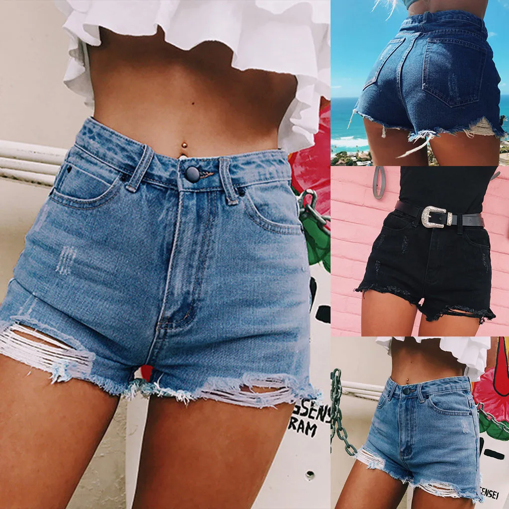 

Women's pocket hole denim fringe shorts hot summer women's pocket large size hole in the waist denim shorts 40*