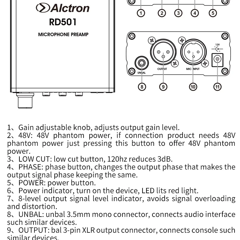 Alctron RD501 Многофункциональный одноканальный микрофонный предусилитель для записи в переключатель фаз, 48В, низкий разрез переключатель