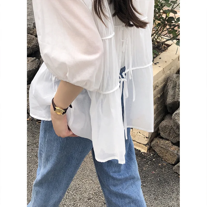 

6-up Korean 2021 spring and summer new fashion top with loose bubble sleeves and long sleeve solid color blouse 65266