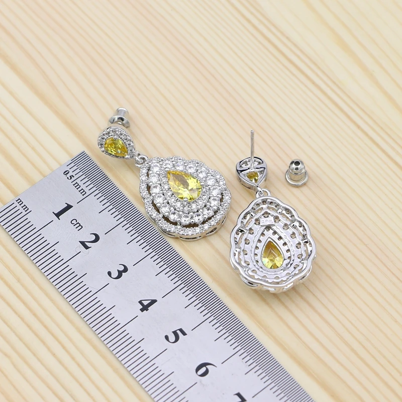 Bridal Jewelry Sets Of Silver 925 For Women Yellow Cubic Zirconia Water Drop Ring/Bracelet/Necklace/Pendant/Earrings Set | Украшения и
