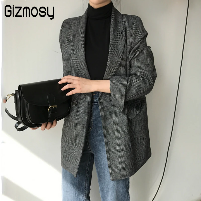 2019 New Autumn Women Jacket Double-row two-grain plaid suit jacket outwear casual turn down collar office blazer CA3463 | Женская