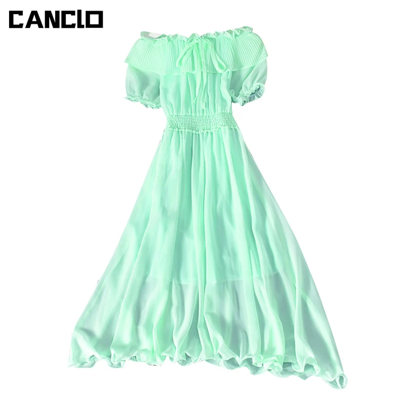

Women Summer Off Shoulder Solid Short Sleeve Ruched Midi Dress Elastic Waist Street Elegant Chic Beach Party Fashion Clothing