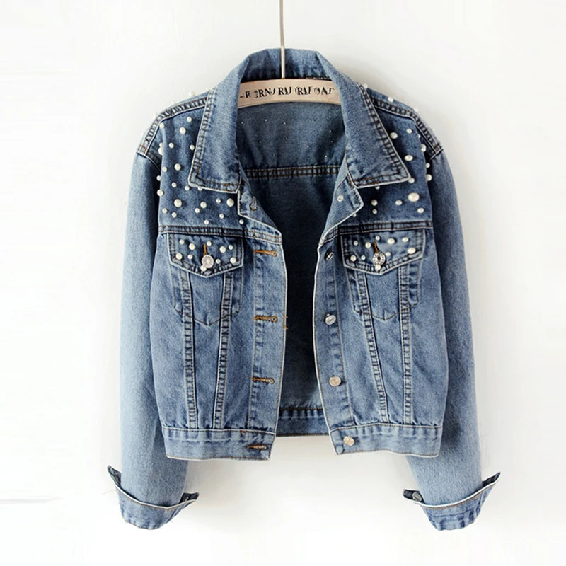 

Autumn Winter Denim Jacket Women 2021 New Fashion Ulzzang Beaded Pearl Loose And Thin Short Jean Jacket Casual Lapel Denim Coat