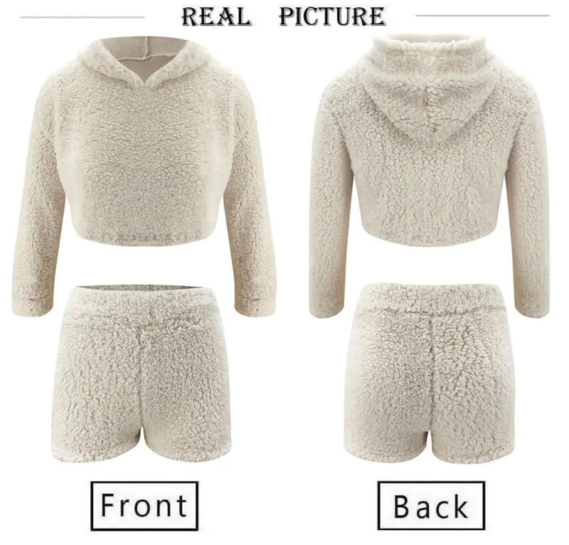 

Women's 2pcs Fleece Set Tracksuit Lounge Wear Teddy Bear Hooded Crop Tops Shorts