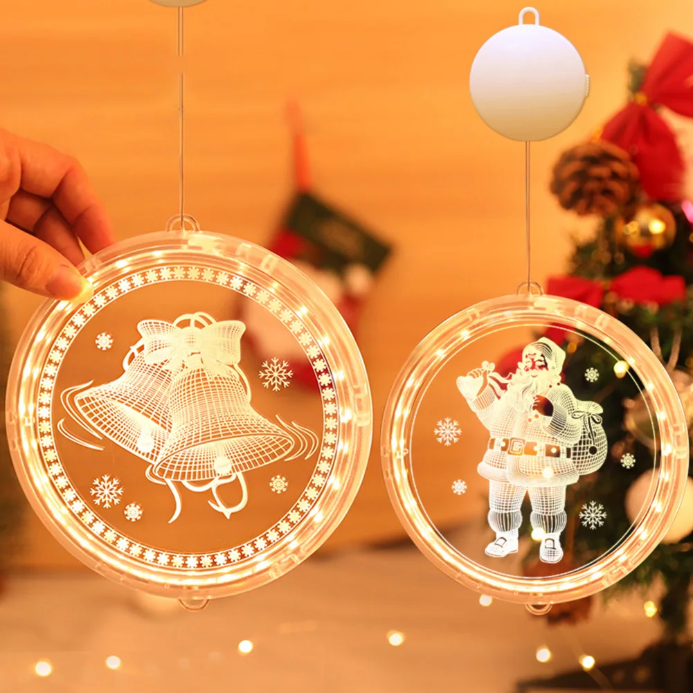 

Christmas Lights LED Night Light Hanging Fairy Lights Round 3D Santa Claus Lamp With Suction For Door Window Holiday Decoration