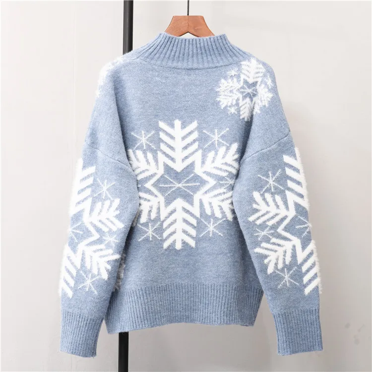 

Fannic 2020 Winter Fashion Christmas Snowflake Pattern Sweater Women Loose Green Blue Mock Neck Thickened Knitted Pullover