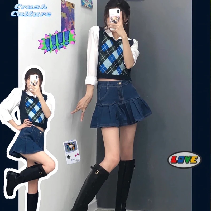 

y2k Argyle Sweater Vest e Girl y2k Clothes Top Aesthetic 90s Clothes Harajuku Sleeveless Vintage V Neck Knitted Sweater Vest