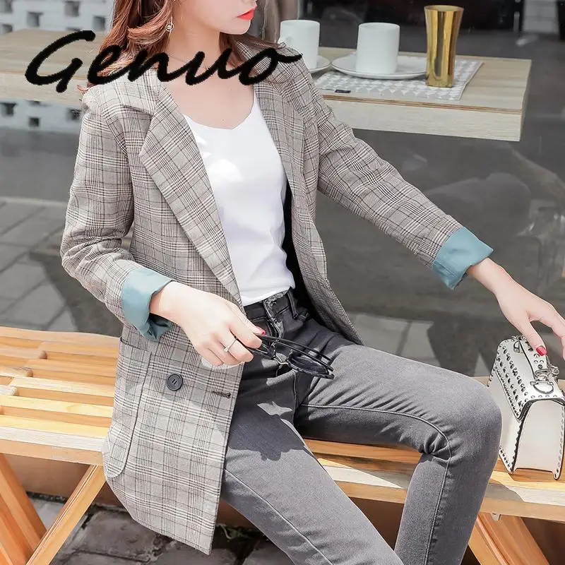 Женский блейзер в клетку двубортный Длинный повседневная офисная одежда верхняя