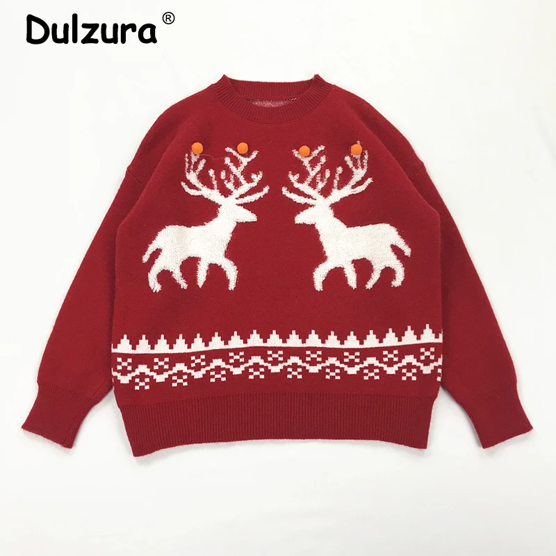 Пуловер с милыми лосями в рождественском стиле жаккардовый свитер женский