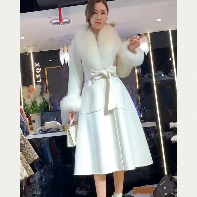 

Coats Cashmere Women Double Side Woo Lnatural Fox Fur Collar Overcoat Fashion Winter Long Wool Outerwea