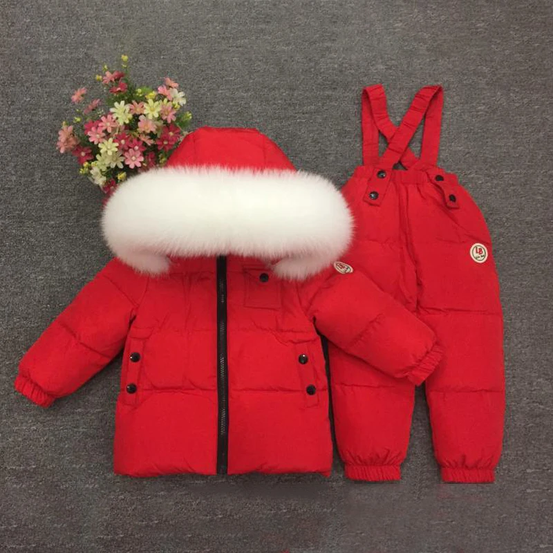 White Fox Red Детский зимний костюм для девочек, теплый пуховик с мехом для мальчиков, зимние спортивные комплекты одежды с натуральным мехом, ветрозащитная детская одежда - Цвет: White Fox Red