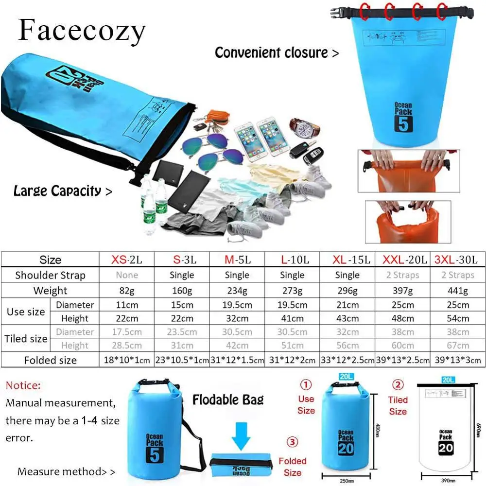 Facecozy сумки для плавания реки треккинга сухие водонепроницаемые ПВХ океанов 2L 30L