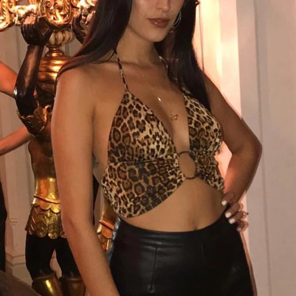 Сексуальные женские укороченные топы на бретельках с леопардовым принтом