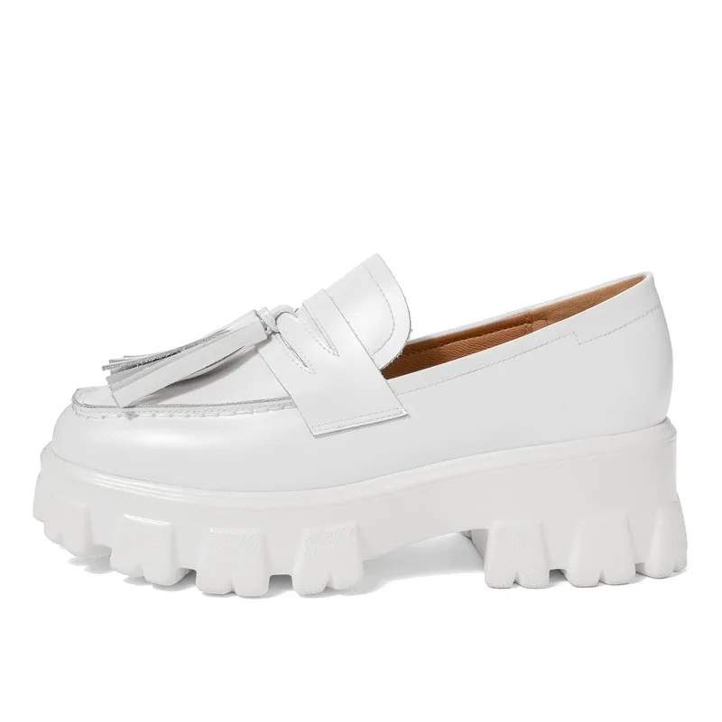 

Women flat shoes thick sole platform shoes genuine leather flats 2020 autumn new round toe slip on casual white tassel loafers