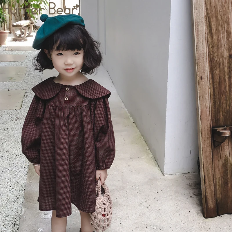 Humor Bear Fashion Kids Clothes Girl Plaid Doll Collar Long Sleeve Dress Children Princess Dresses Baby Girls Clothing Outfits