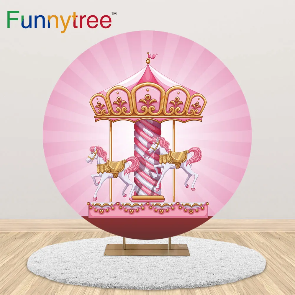 

Funnytree Carousel Round Backdrop Pink Stripes Dreamy Light Horse Girl Birthday Party Decor Table Cover Photography Backgrounds