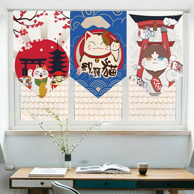 

Lucky Cat Short Curtain Japanese-style Door Curtain Triangle Curtain Kitchen Bedroom Decoration Curtain Sushi Restaurant Izakaya