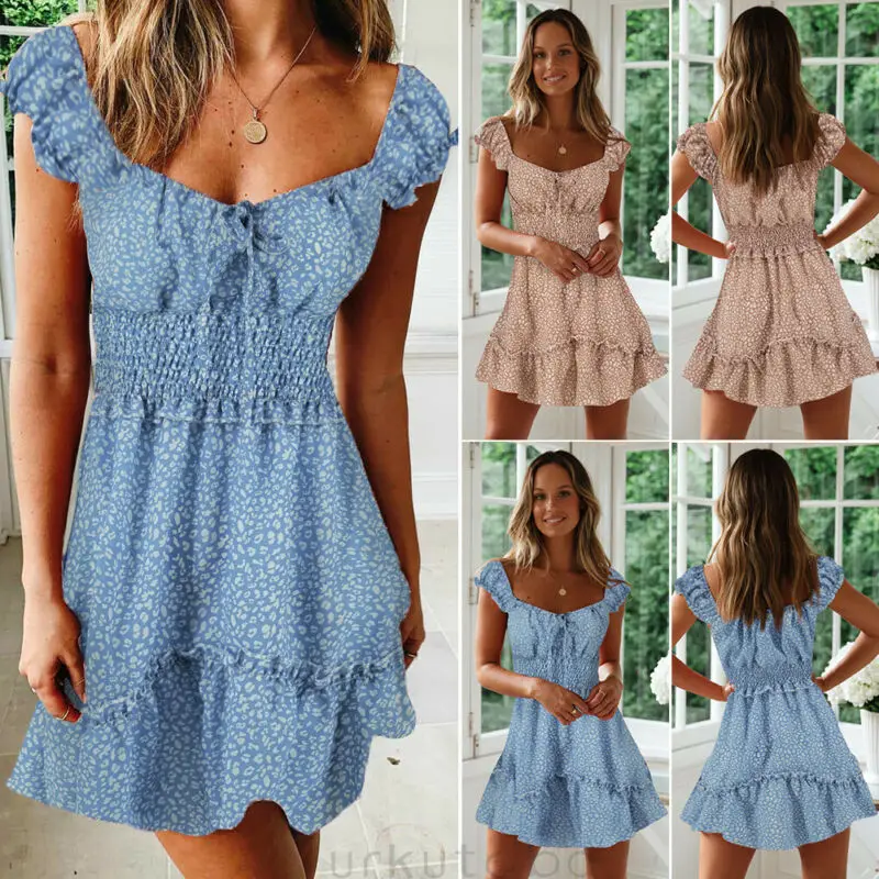 Летние женские цветочные мини-платья в стиле бохо с коротким рукавом и