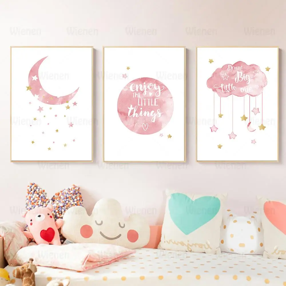 

Pink Cartoon Home Decor Canvas Painting Moon Cloud Children Poster Nursery Baby Girl Room Wall Art Decoration Hanging Picture