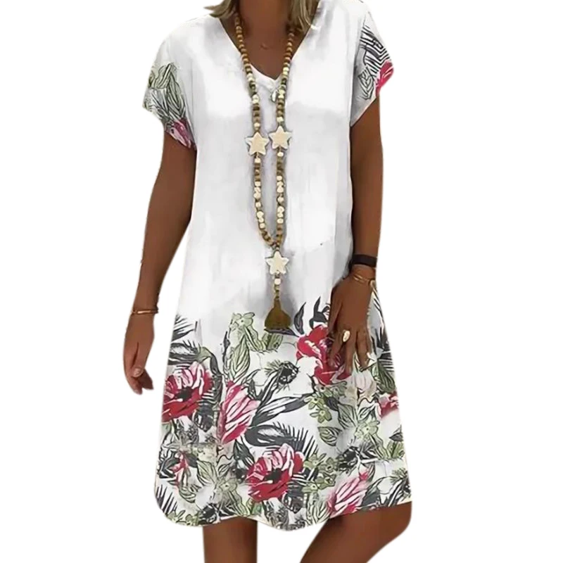 

Fashion Summer Dress Loose Floral Pathcwork Vintage V Neck Ladies Dress Casual Women's Dresses Plus Size