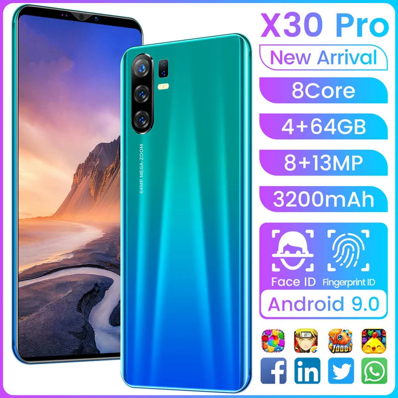 

Cost-effective X30pro Smartphone 5.8-inch Andriod 9 Smartphone New Product 4GB + 64GB 8-core Fingerprint Face Unlock ID Phone