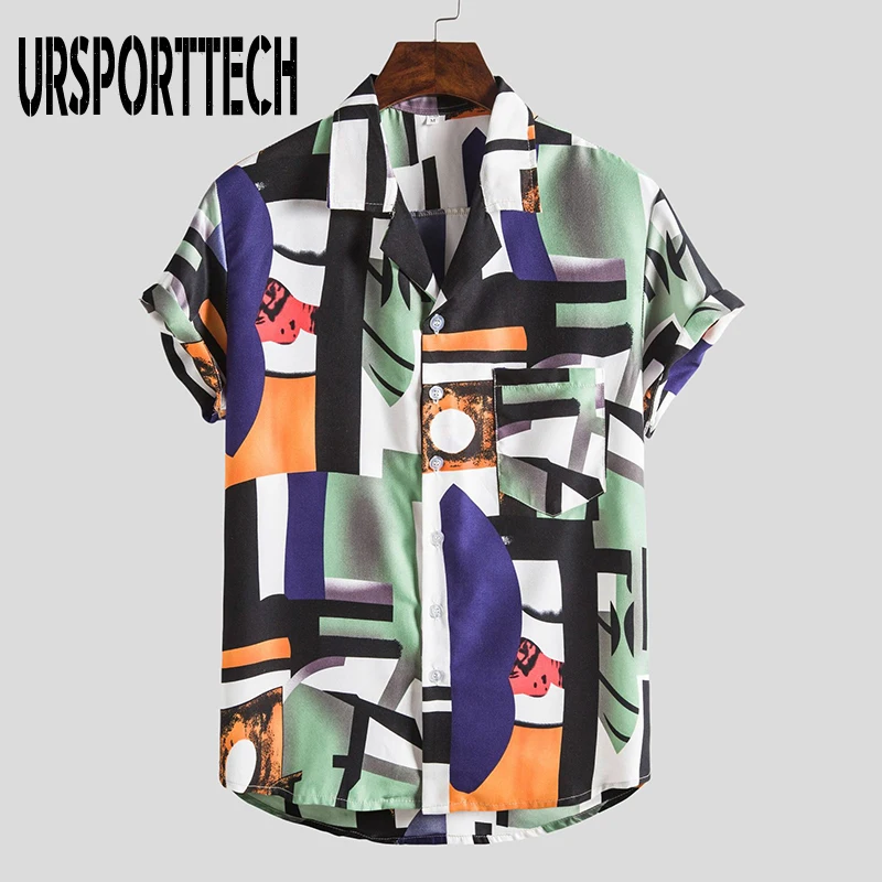 URSPORTTECH New Fashion Summer Men Shirt Short Sleeve Print Shirt Men Blouse Plus Size Shirt  Business Casual Slim Fit Clothing