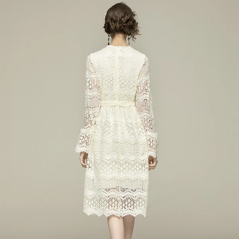 

Women Lace Dress 2021 New Fashion Flare Sleeve Casual Elegant Hollow Out Dress Woman Clothing Robe Femme