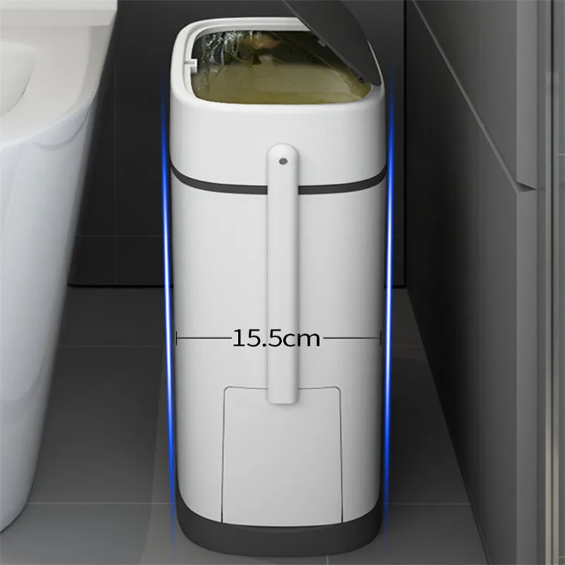 

14L Trash Can Bathroom Zero-Waste Bin One Key Garbage Bin Trash Bag Holder Household Kitchen w/ Brush for Toilet Narrow Seam