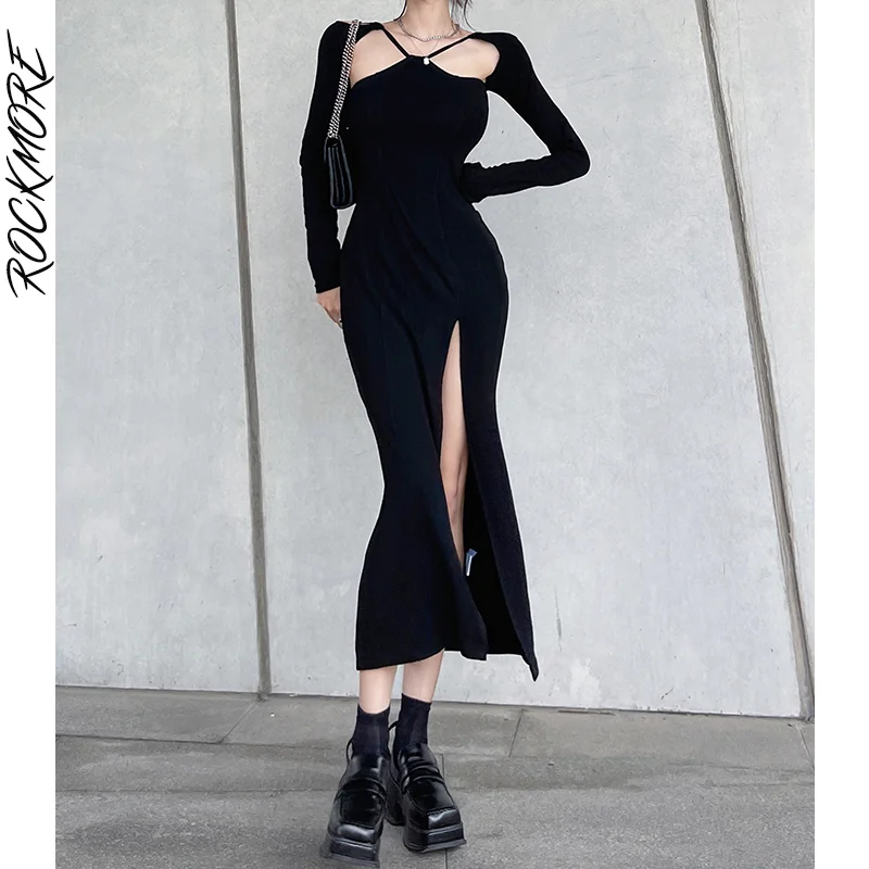 

Rockmore Elegant Split Midi Dress Women's Long Sleeve Bodycon Dress Streetwear Sexy Club Hollow Out Party Dresses Korean Fashion