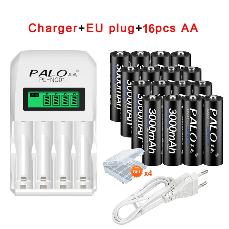 4 шт. AA батареи, перезаряжаемые батареи 1,2 V AA 3000mAh Ni-MH Предварительно заряженный аккумулятор 2A батареи для камеры фонарик - Цвет: 16pcs AA charger EU