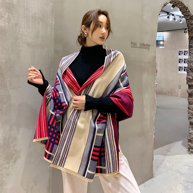 

New style lady fashion tassels two-sided Super large cashmere Scar Autumn and winter print keep warm wool Popular stripe Shawls