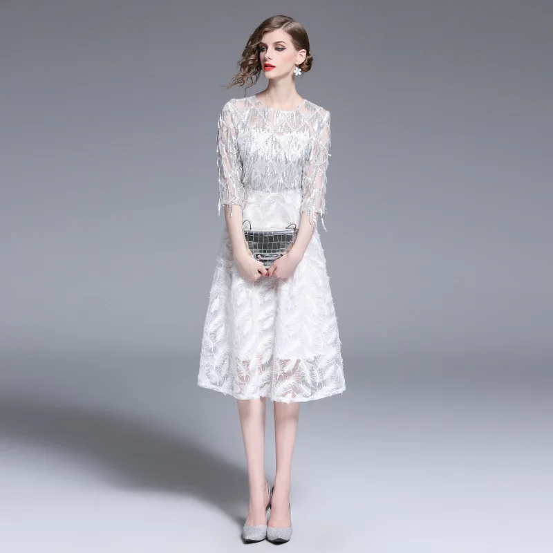 S xxl весенне летнее женское платье украшенное бисером с кисточками перьями