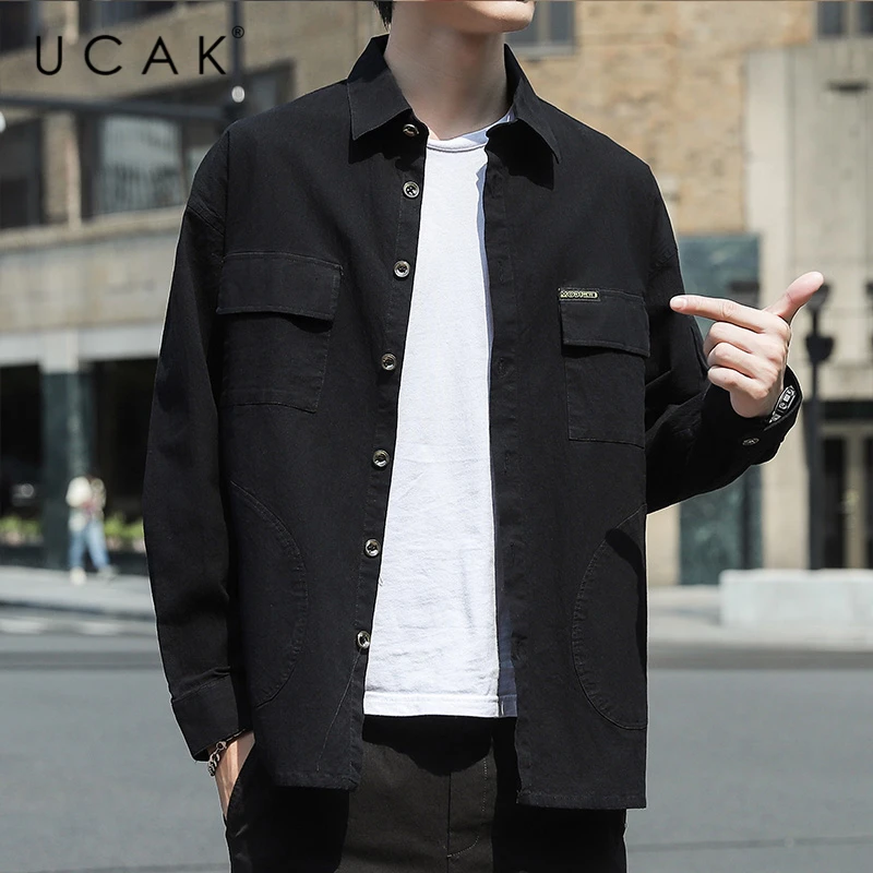 

Мужская хлопковая рубашка UCAK, Однотонная рубашка с длинными рукавами и карманами, весна-осень, U6093