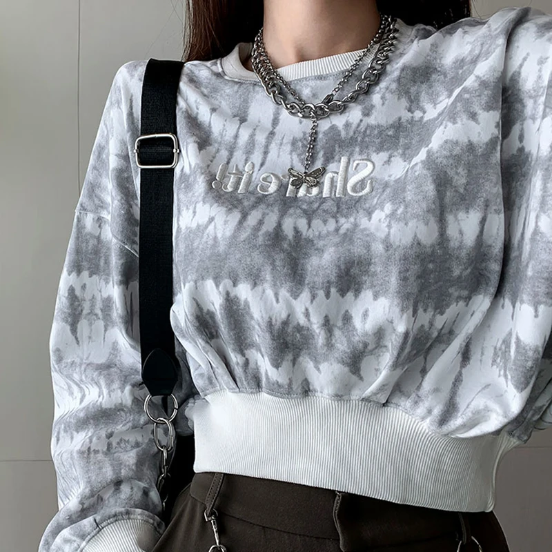 

Women's Pullover Hoodies O Neck Fashion Printing Long Sleeves Cotton Loose Short Tops Wholesale 2021 New Casual Lady Clothing