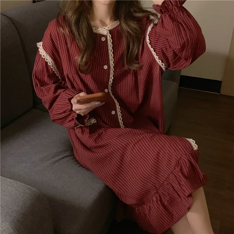 

2021 Nightdress for Women New Fashion Puffed Sleeves Round Neck Red Striped Nightgown Loose Long Sleeve Ruffled Sleeping Dress