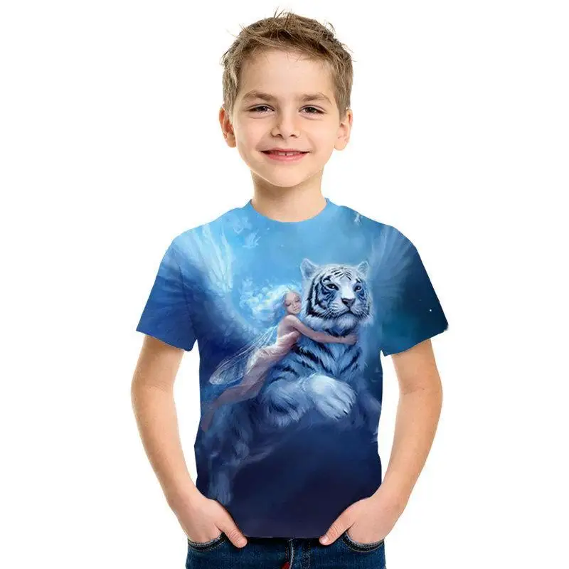 Футболка для отдыха мальчиков и девочек с объемным принтом белого тигра Детская